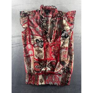 IZ Byer California Women Red Paisley Patchwork Ruffle Sleeveless Blouse Medium